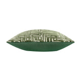 Soren Abstract Velvet Cushion in smoke green, side view showing cut-velvet maze-patterned top and plain green underside, on a white background.