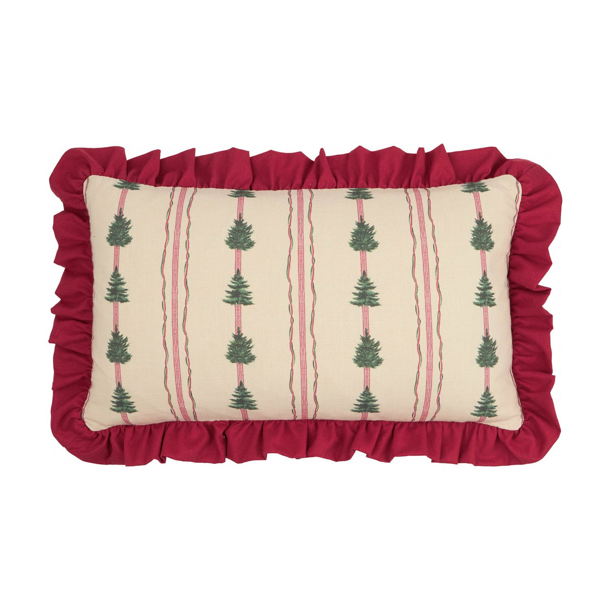 Rectangular lumbar cushion with beige cotton slub fabric printed with green fir tree stripes and thin red lines, edged with a dark red gathered ruffle, on a white background.