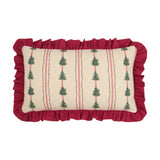 Rectangular lumbar cushion with beige cotton slub fabric printed with green fir tree stripes and thin red lines, edged with a dark red gathered ruffle, on a white background.