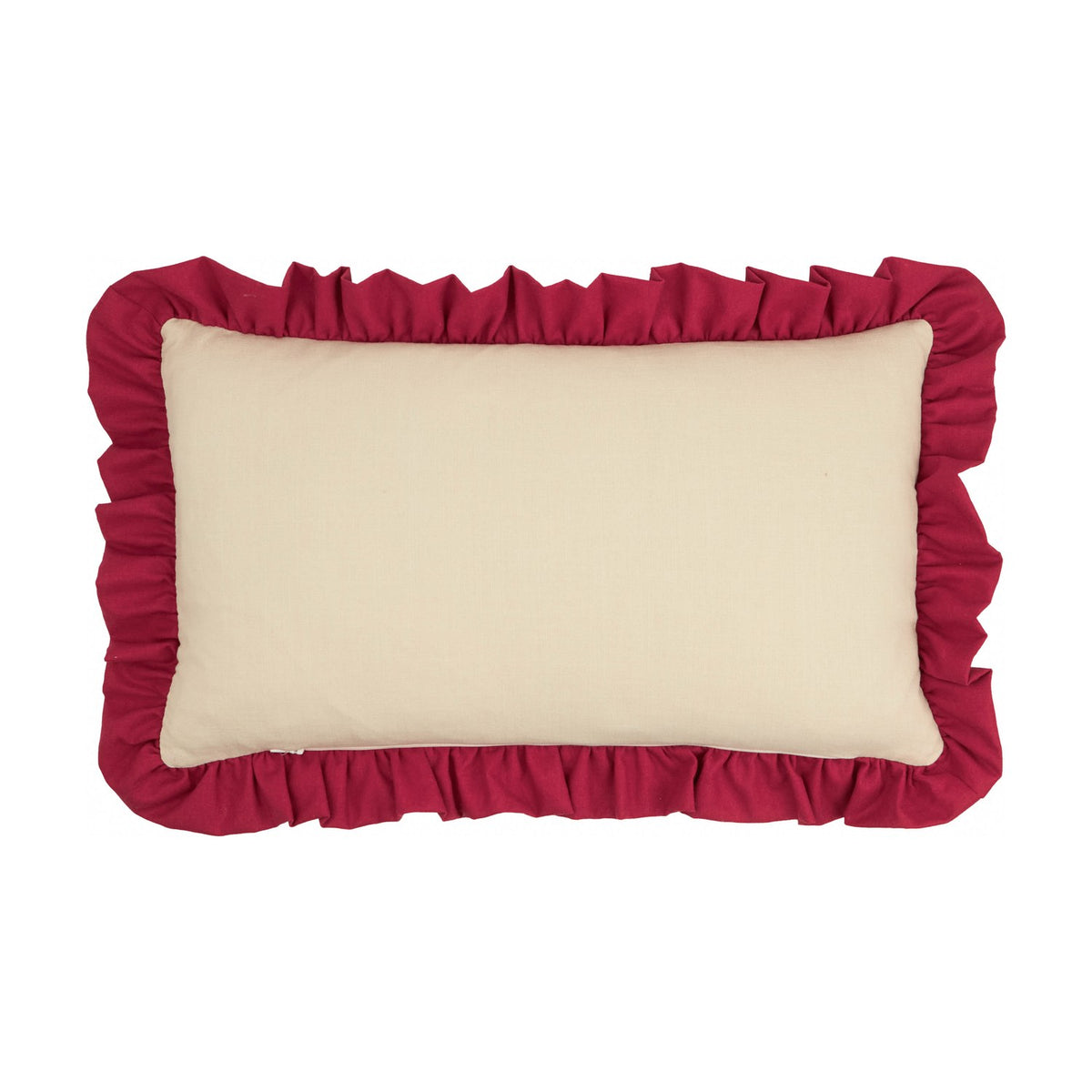 Rectangular lumbar cushion in beige cotton with a plain front, framed by a gathered dark red ruffle trim, shown on a plain white background.