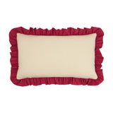 Rectangular lumbar cushion in beige cotton with a plain front, framed by a gathered dark red ruffle trim, shown on a plain white background.