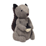 Squirrel Acorn Polyester Door Stop in brown herringbone fabric with tartan patch on head, ribbed corded tail, and acorn held in paws, on a plain white background.