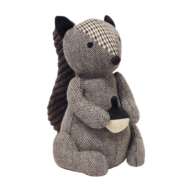 Squirrel Acorn Polyester Door Stop in brown herringbone fabric with tartan patch on head, ribbed corded tail, and acorn held in paws, on a plain white background.