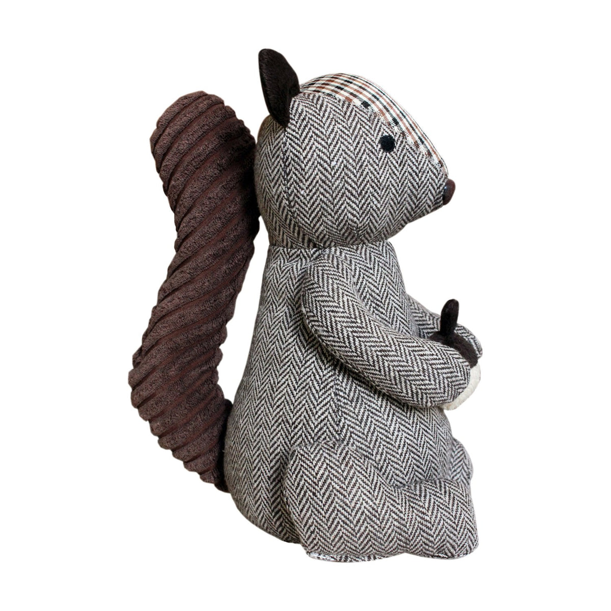 Squirrel Acorn Polyester Door Stop in Brown, herringbone body with tartan patch on head, corded tail, holding an acorn, shown on a plain white background.