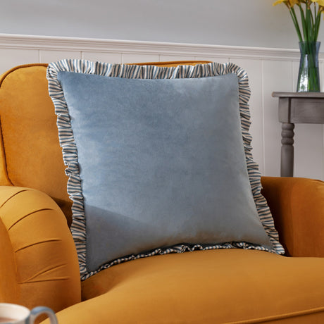 Solene Ruffle Velvet Linen Cushion - Blue