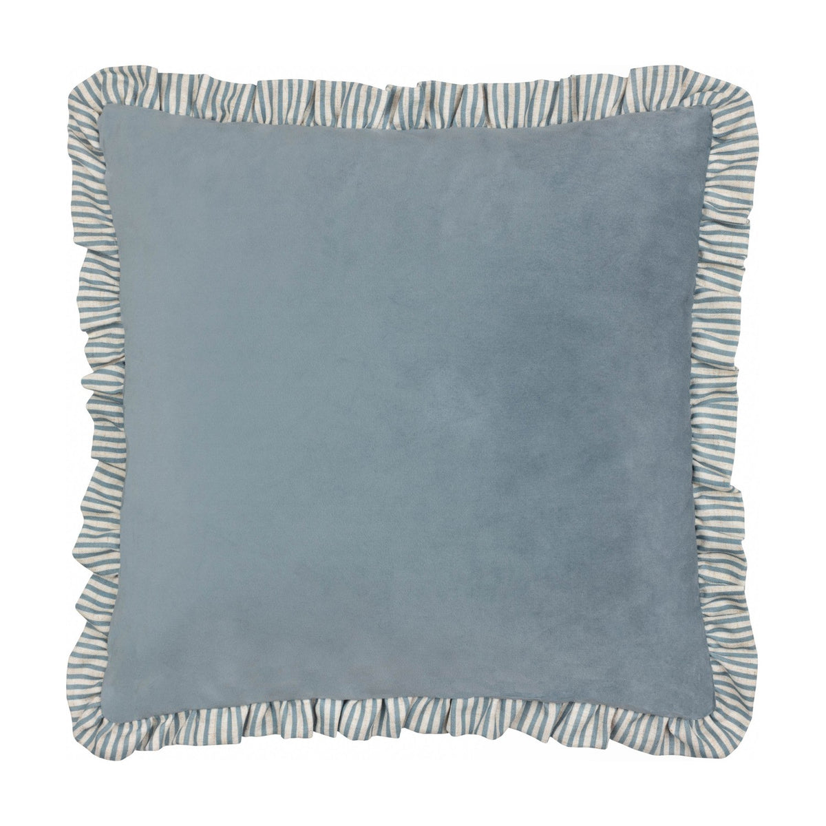 Solene Ruffle Velvet Linen Cushion in dusky blue, square design with matt velvet face and striped linen-blend ruffle trim, shown on a plain white background.