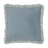 Solene Ruffle Velvet Linen Cushion in dusky blue, square design with matt velvet face and striped linen-blend ruffle trim, shown on a plain white background.
