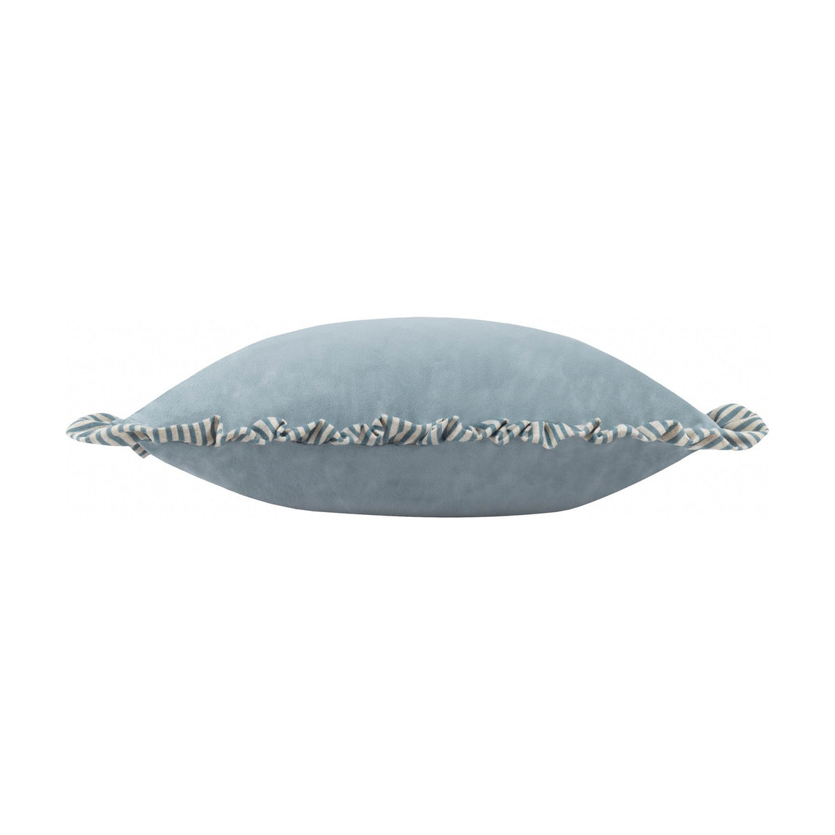 Solene Ruffle Velvet Linen Cushion in dusky blue, side view showing plump velvet body edged with a striped linen-blend ruffle, set against a plain white background.