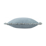Solene Ruffle Velvet Linen Cushion in dusky blue, side view showing plump velvet body edged with a striped linen-blend ruffle, set against a plain white background.