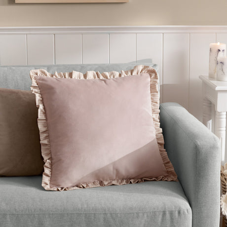 Solene Ruffle Velvet Linen Cushion - Pink