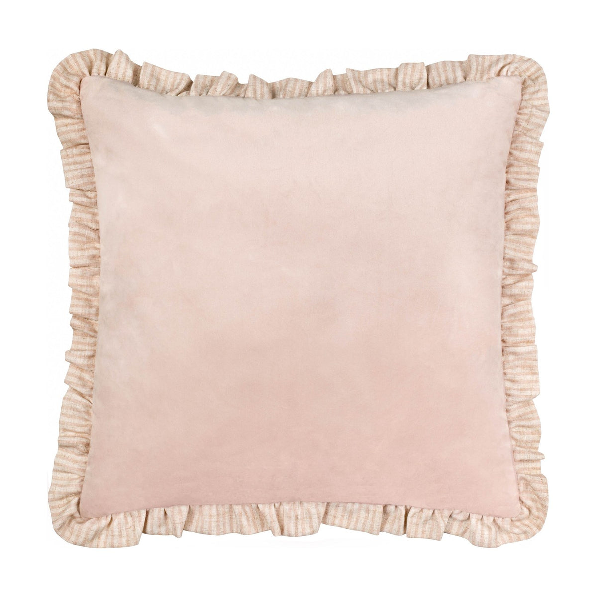 Solene Ruffle Velvet Linen Cushion in blush pink, square with matt velvet face and a gathered striped linen-blend ruffle trim, shown on a plain white background.