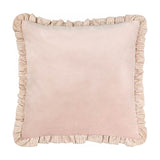 Solene Ruffle Velvet Linen Cushion in blush pink, square with matt velvet face and a gathered striped linen-blend ruffle trim, shown on a plain white background.