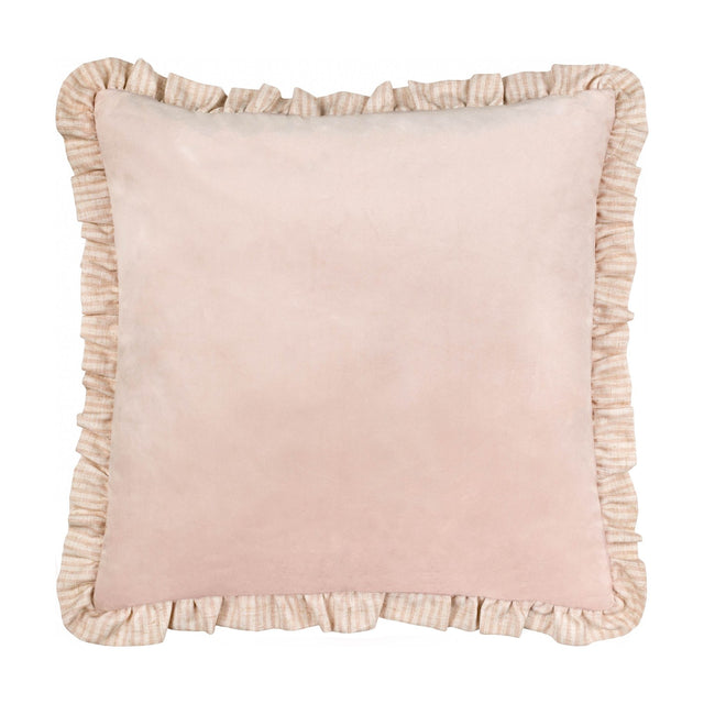 Solene Ruffle Velvet Linen Cushion in blush pink, square with matt velvet face and a gathered striped linen-blend ruffle trim, shown on a plain white background.