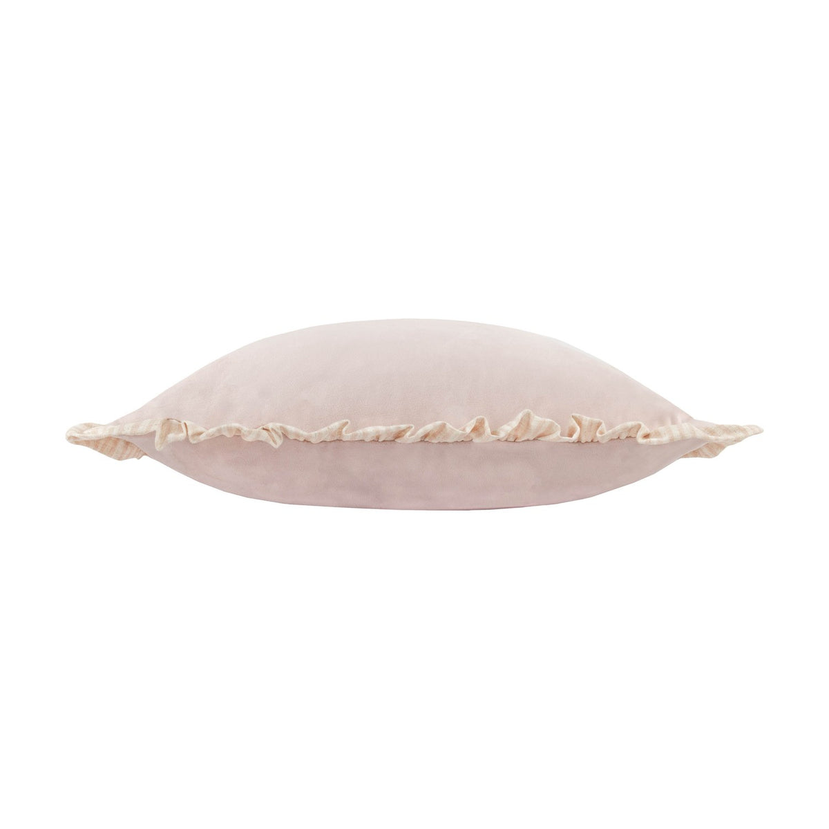Solene Ruffle Velvet Linen Cushion in blush pink, shown side-on with matt velvet body and gathered striped ruffle trim around the edge, on a plain white background.