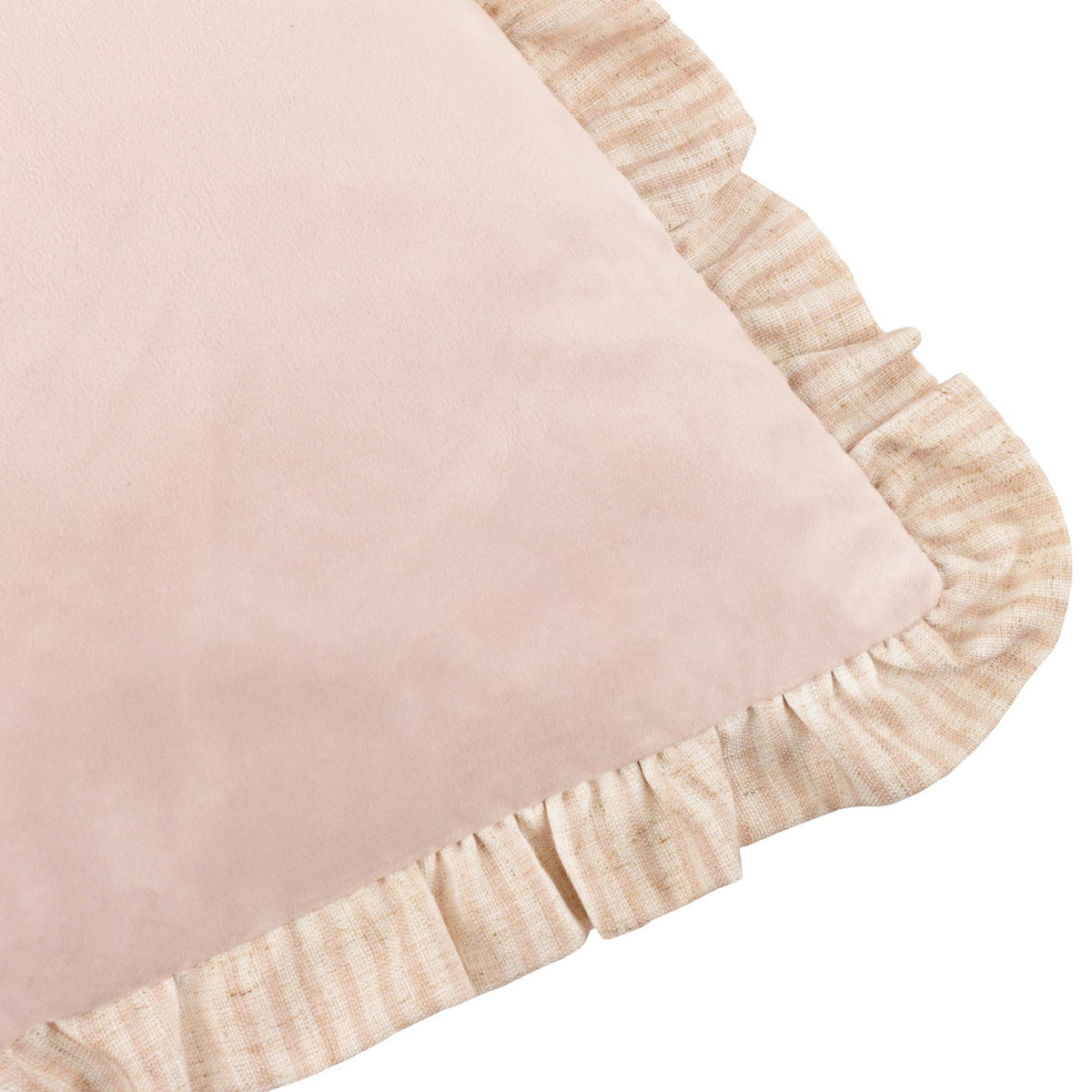 Solene Ruffle Velvet Linen Cushion in blush pink, close-up of matt velvet face with gathered striped linen-blend ruffle trim along the edge, on a plain white background.