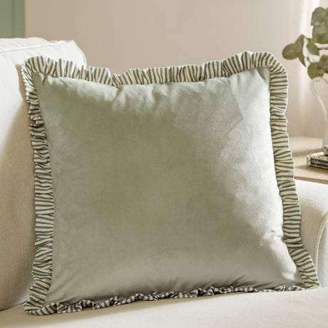 Solene Ruffle Velvet Linen Cushion - Sage