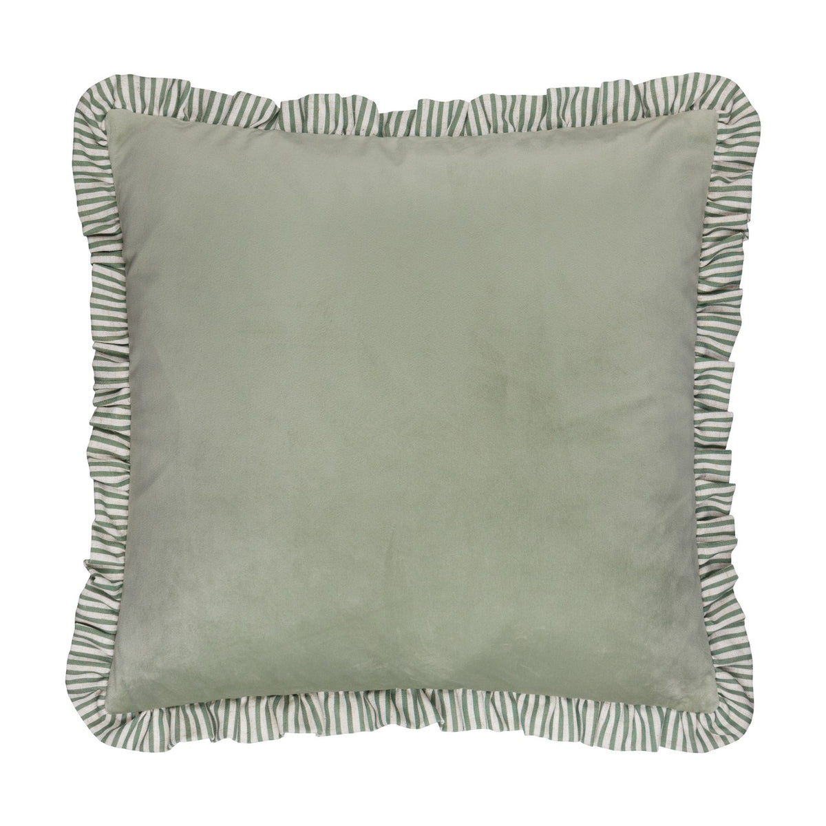 Solene Ruffle Velvet Linen Cushion in sage, square with matt velvet face and a frilled green-and-white striped linen-blend edge, shown on a plain white background.