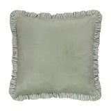 Solene Ruffle Velvet Linen Cushion in sage, square with matt velvet face and a frilled green-and-white striped linen-blend edge, shown on a plain white background.