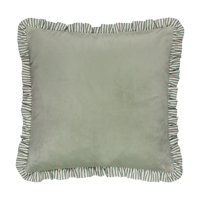 Solene Ruffle Velvet Linen Cushion in sage, square with matt velvet face and a frilled green-and-white striped linen-blend edge, shown on a plain white background.