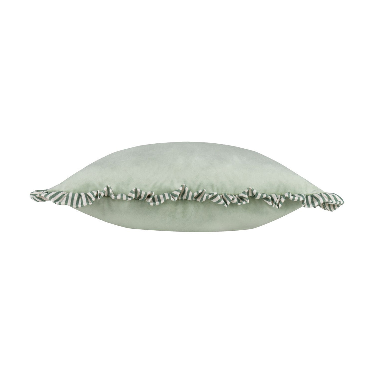 Solene Ruffle Velvet Linen Cushion in sage, shown side-on with matt velvet face and a green-and-white striped ruffle trim, on a plain white background.