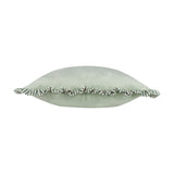 Solene Ruffle Velvet Linen Cushion in sage, shown side-on with matt velvet face and a green-and-white striped ruffle trim, on a plain white background.