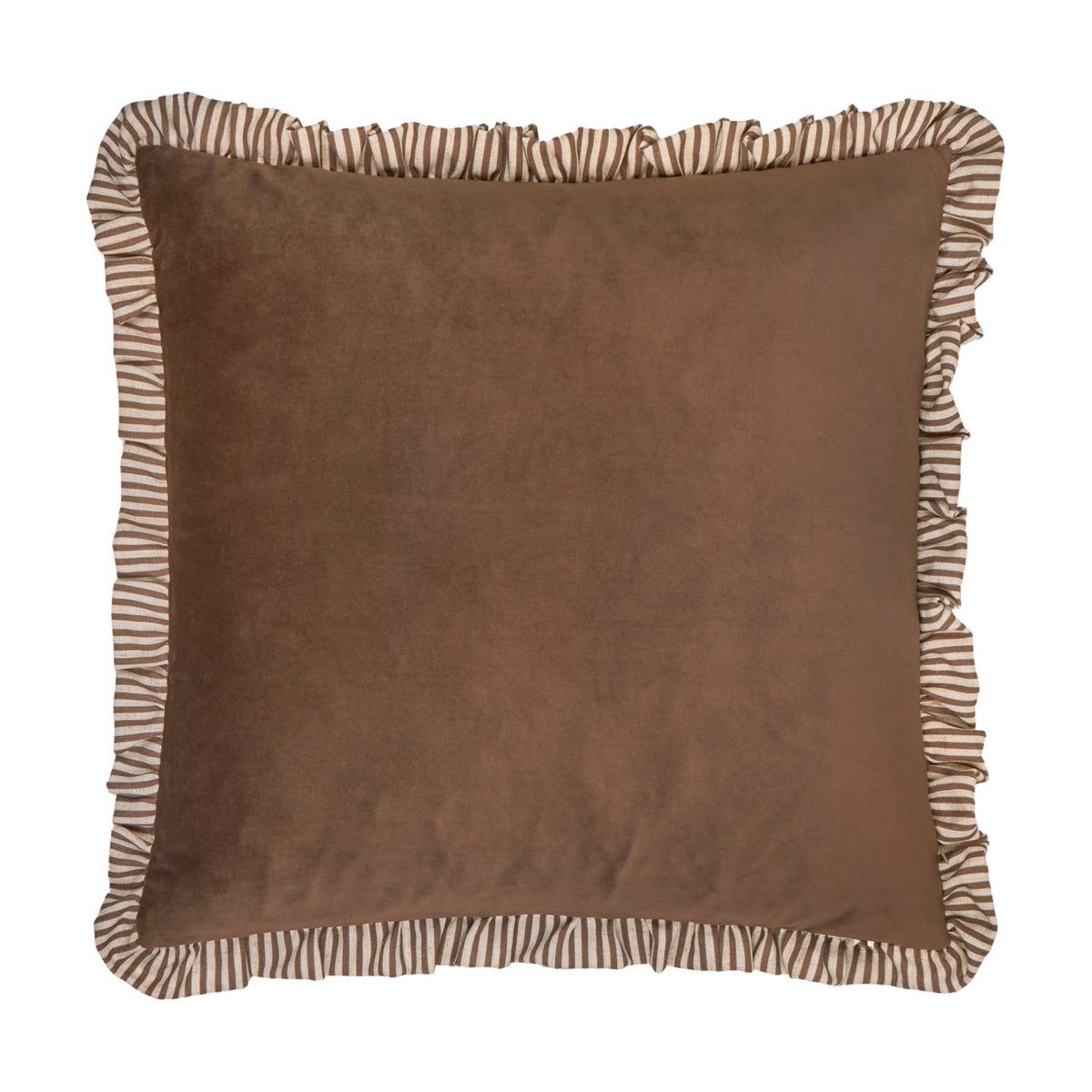 Solene Ruffle Velvet Linen Cushion in truffle brown, square matt velvet face with a striped linen-blend ruffle trim around the edge, on a plain white background.