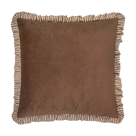 Solene Ruffle Velvet Linen Cushion in truffle brown, square matt velvet face with a striped linen-blend ruffle trim around the edge, on a plain white background.