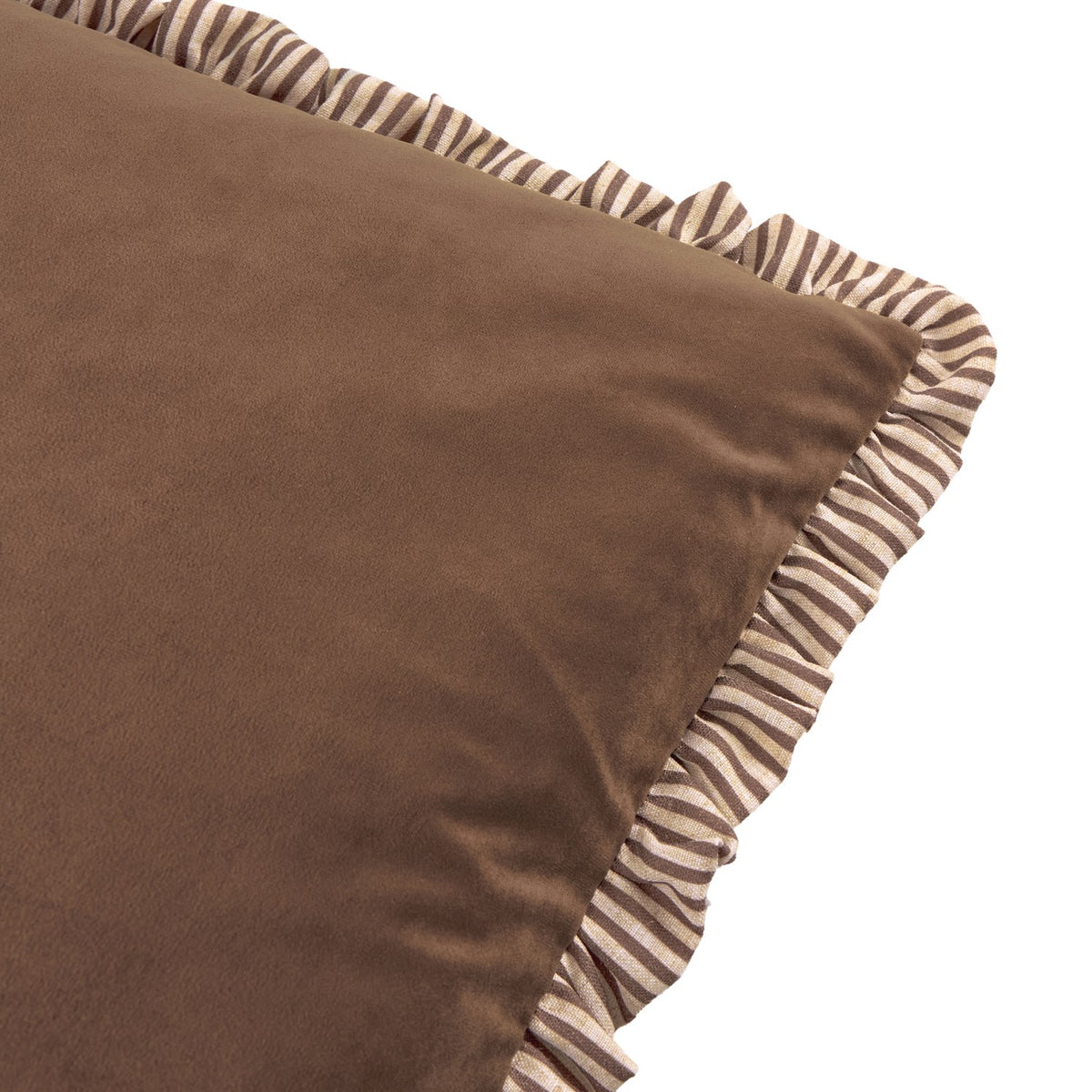 Close-up of the Solene Ruffle Velvet Linen Cushion in truffle brown, showing the matt velvet face and striped linen-blend ruffle trim along the edge, on a plain white background.