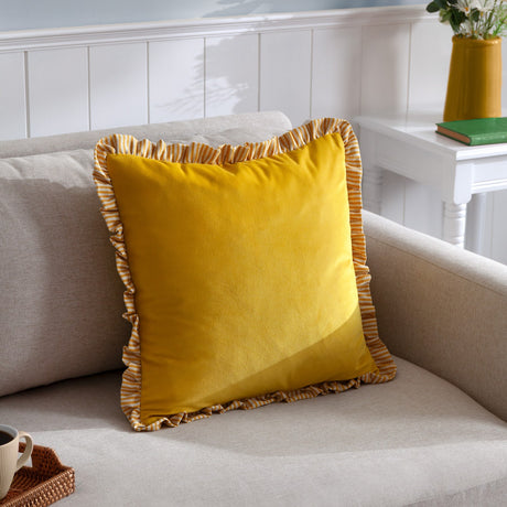 Solene Ruffle Velvet Linen Cushion - Yellow