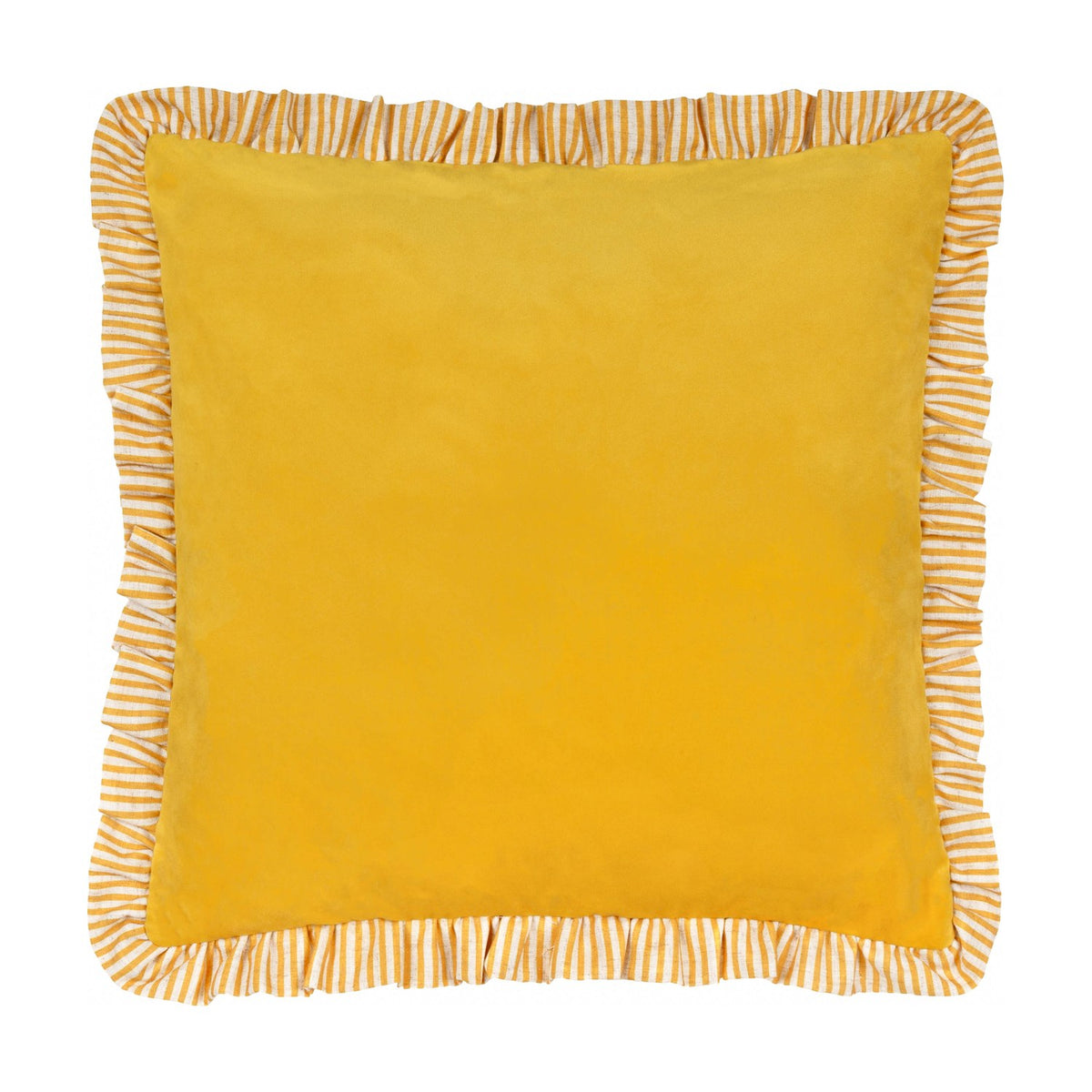 Solene Ruffle Velvet Linen Cushion in yellow, square velvet cushion with striped cream and ochre ruffle trim, shown on a plain white background.