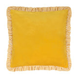 Solene Ruffle Velvet Linen Cushion in yellow, square velvet cushion with striped cream and ochre ruffle trim, shown on a plain white background.