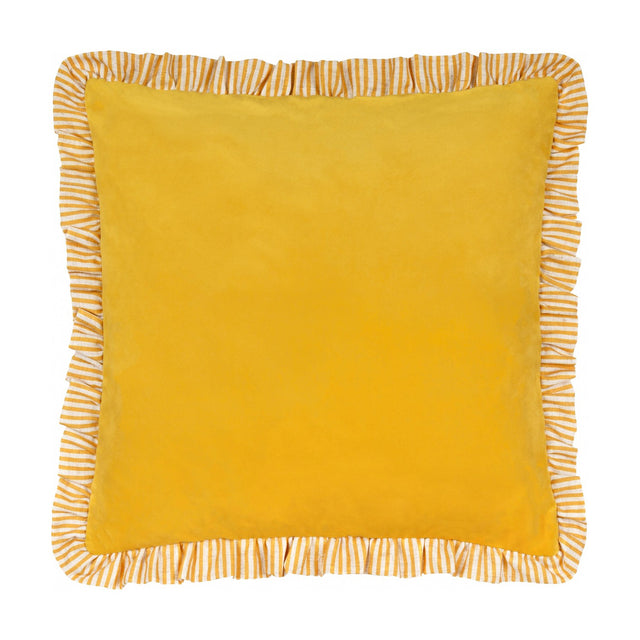 Solene Ruffle Velvet Linen Cushion in yellow, square velvet cushion with striped cream and ochre ruffle trim, shown on a plain white background.