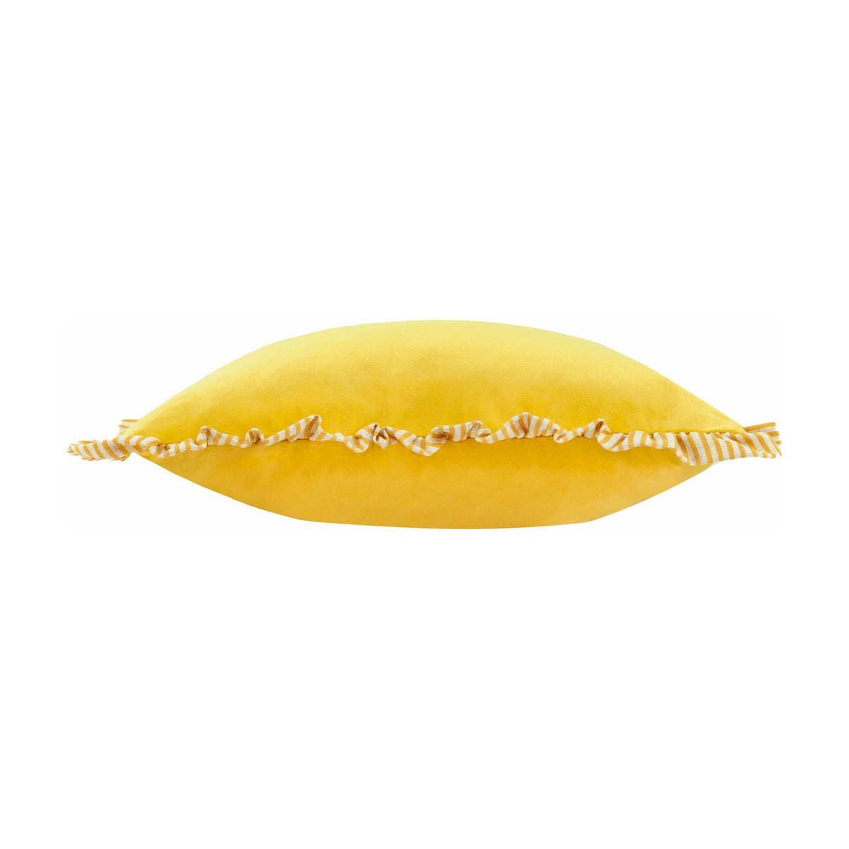 Solene Ruffle Velvet Linen Cushion in yellow, square velvet cushion with cream and ochre striped ruffle trim edging, shown side-on against a plain white background.