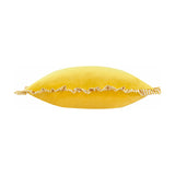 Solene Ruffle Velvet Linen Cushion in yellow, square velvet cushion with cream and ochre striped ruffle trim edging, shown side-on against a plain white background.