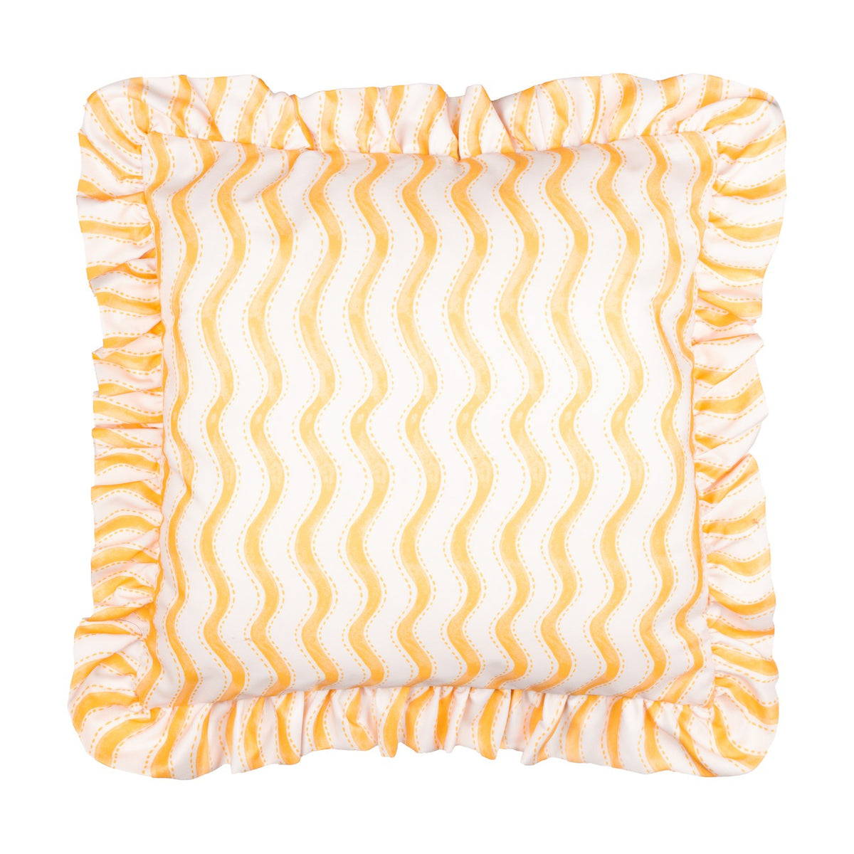Square cream cushion with a ruffled edge, showing wavy yellow wiggle stripes and dotted lines, photographed on a plain white background.