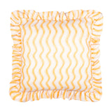 Square cream cushion with a ruffled edge, showing wavy yellow wiggle stripes and dotted lines, photographed on a plain white background.