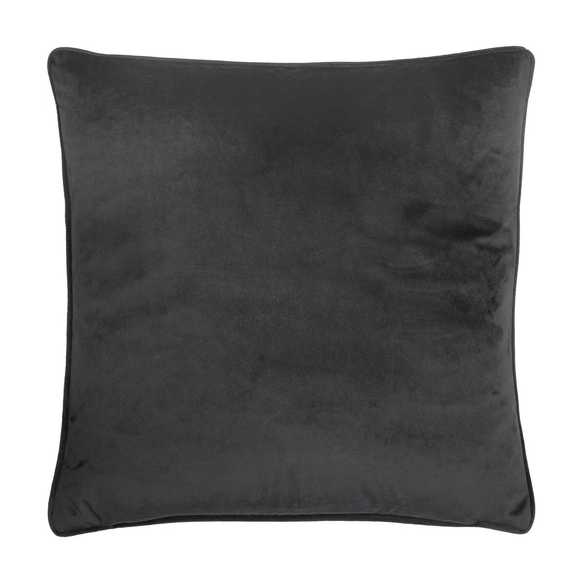 Reverse side of the Spooky Spritz Striped Velvet Cushion, shown in plain dark grey velvet with matching piped edging, photographed on a white background.