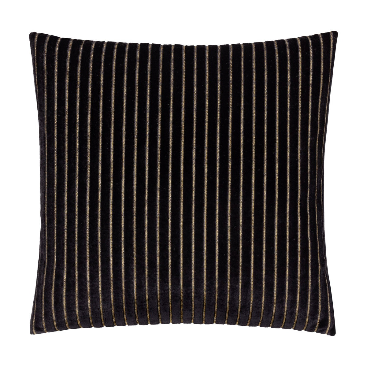 Savoy Stripe square cushion in black polyester velvet with fine gold vertical pinstripes creating a ribbed texture, shown on a plain white background.