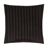 Savoy Stripe square cushion in black polyester velvet with fine gold vertical pinstripes creating a ribbed texture, shown on a plain white background.
