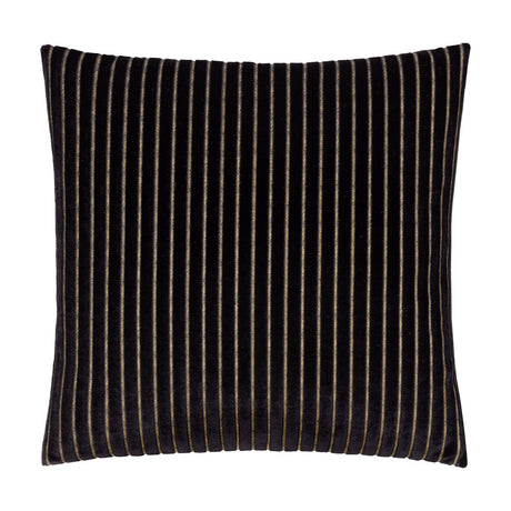 Savoy Stripe square cushion in black polyester velvet with fine gold vertical pinstripes creating a ribbed texture, shown on a plain white background.