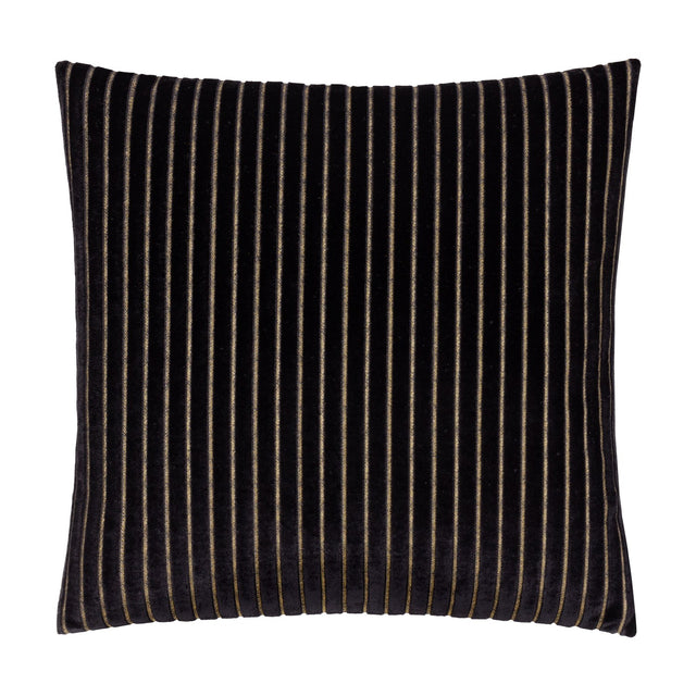 Savoy Stripe square cushion in black polyester velvet with fine gold vertical pinstripes creating a ribbed texture, shown on a plain white background.