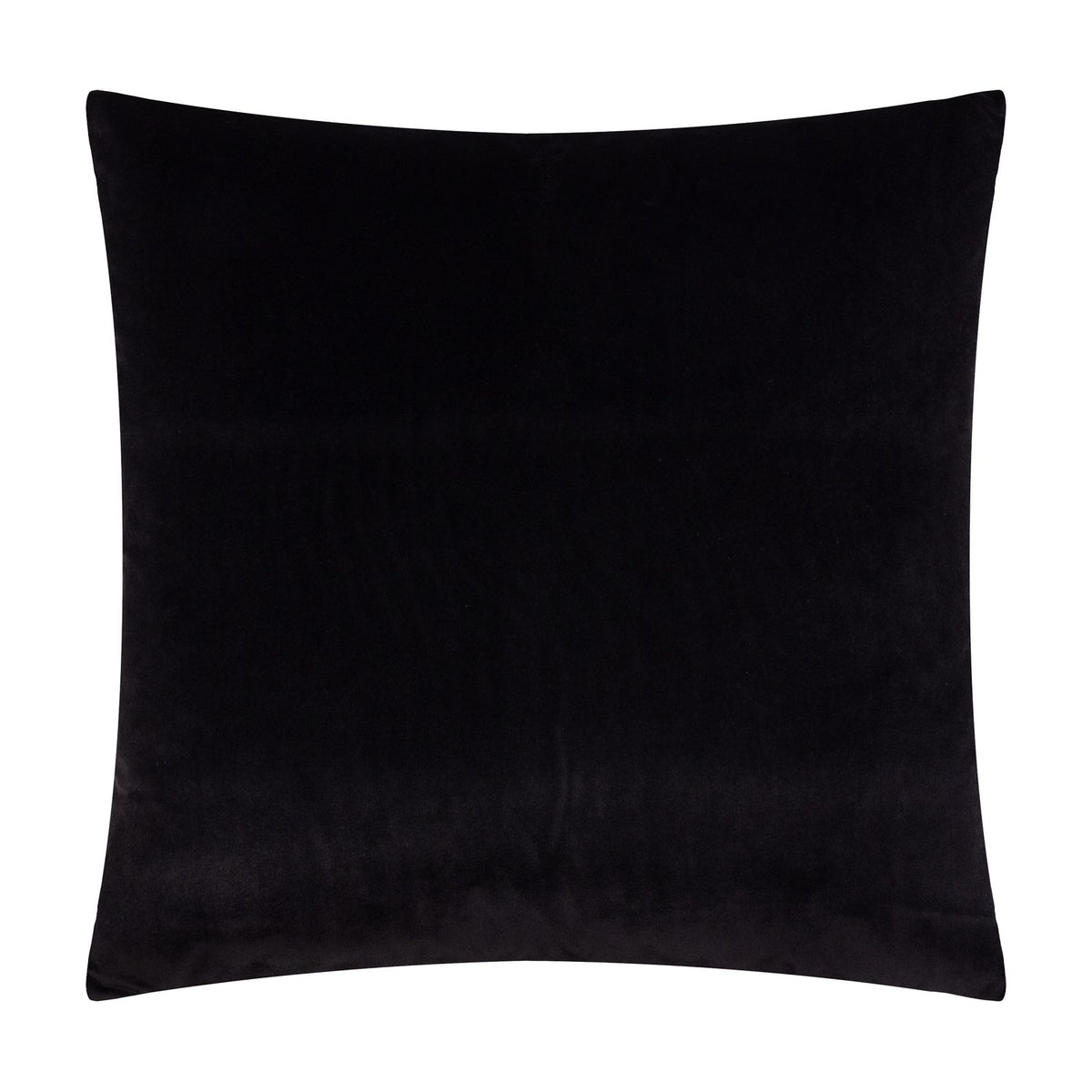 Savoy Stripe square cushion in black polyester velvet, shown plain-side against a white background, with piped edge seams visible.