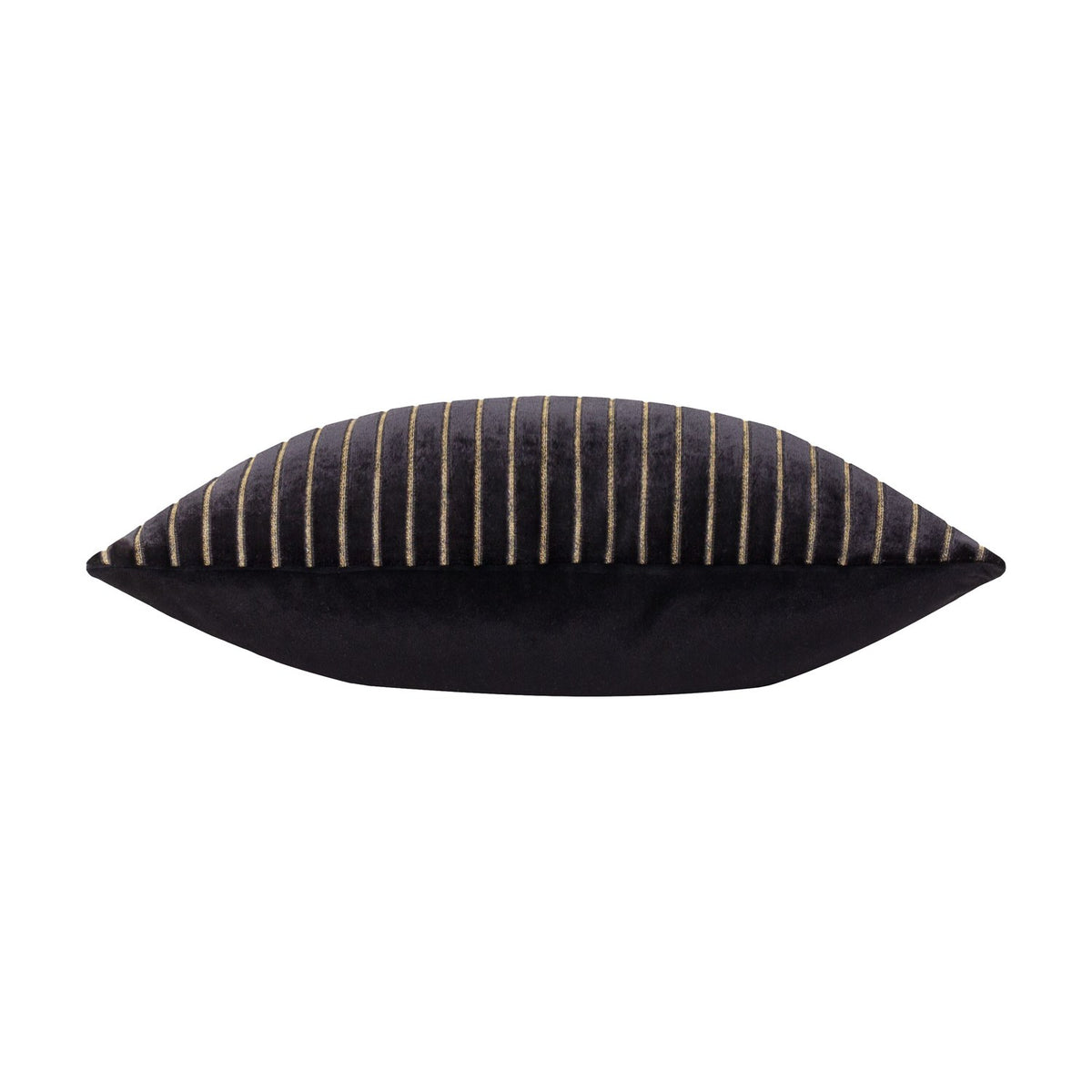 Savoy Stripe cushion in black polyester velvet, shown side-on with vertical cut velvet stripes and fine gold lines on the front, plain back, against a white background.