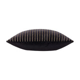 Savoy Stripe cushion in black polyester velvet, shown side-on with vertical cut velvet stripes and fine gold lines on the front, plain back, against a white background.