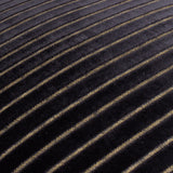 Close-up of the Savoy Stripe Polyester Velvet Cushion in black, showing diagonal ribbed velvet stripes with fine gold thread detailing.