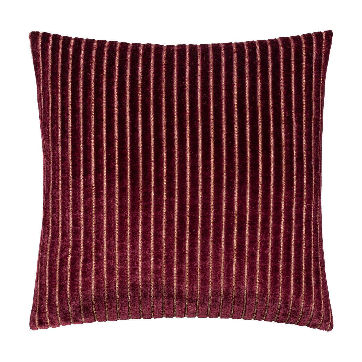 Savoy Stripe square cushion in burgundy velvet with vertical ribbed texture and fine gold metallic threading, shown on a plain white background.