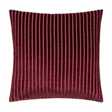 Savoy Stripe square cushion in burgundy velvet with vertical ribbed texture and fine gold metallic threading, shown on a plain white background.
