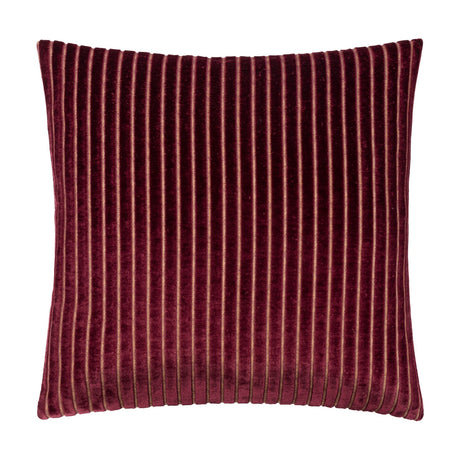 Savoy Stripe square cushion in burgundy velvet with vertical ribbed texture and fine gold metallic threading, shown on a plain white background.