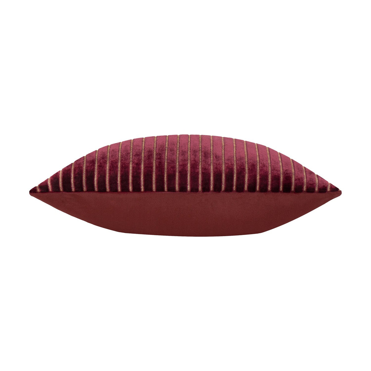 Savoy Stripe velvet cushion in burgundy, shown side-on with ribbed vertical stripe pile and metallic thread detail on the front, smooth plain velvet reverse, on a white background.