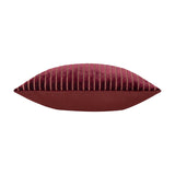 Savoy Stripe velvet cushion in burgundy, shown side-on with ribbed vertical stripe pile and metallic thread detail on the front, smooth plain velvet reverse, on a white background.